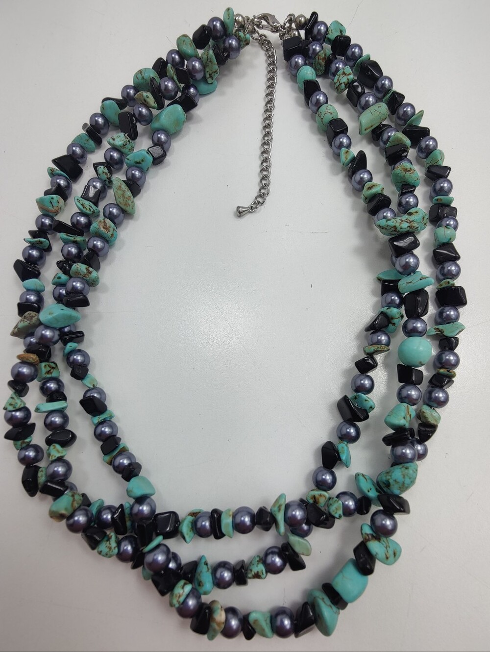 Triple Strand Turquoise Black Stone Gray Pearl Necklace Southwestern Boho